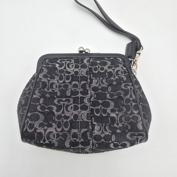 Coach Signature C Monogram Wristlet Pouch Black Silver Kiss Lock Clutch - Picture 6 of 6